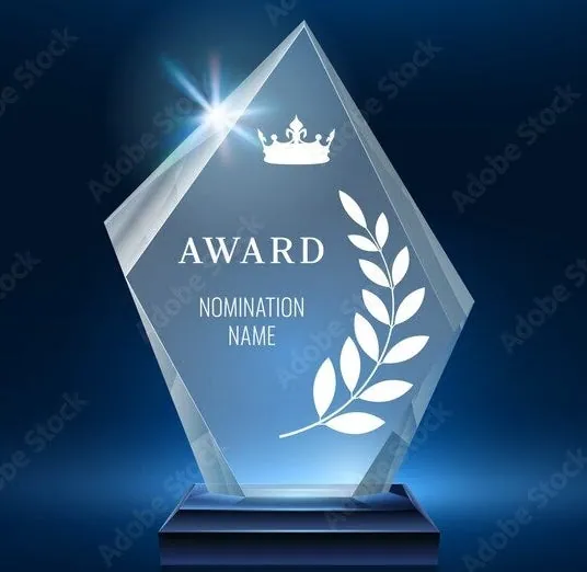 Engraved crystal award on blue