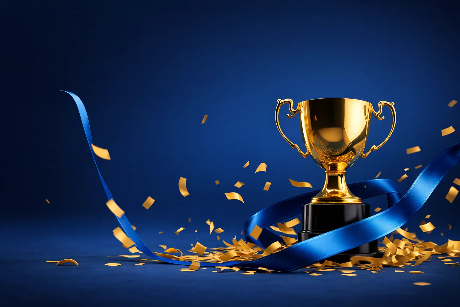 Gold trophy cup with blue ribbons and confetti