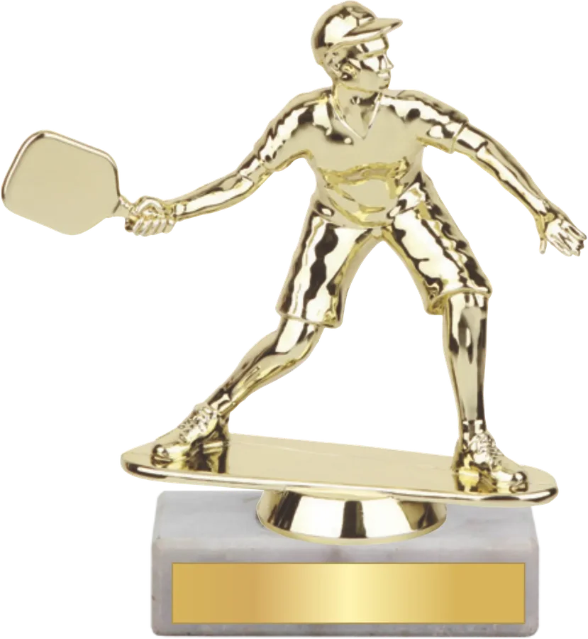 Gold pickleball player trophy on marble base
