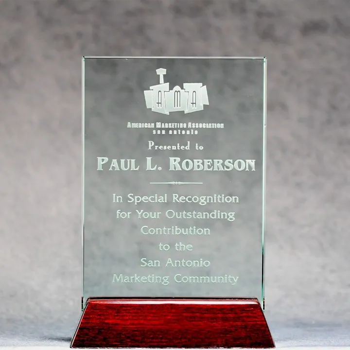 Jade Glass Plaque On Piano Rosewood Base